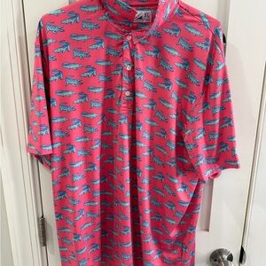 Pink Polo Shirt with Blue Alligator Print